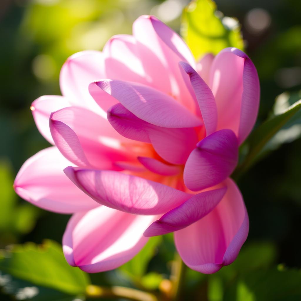 A close-up view of a female flower blooming beautifully, showcasing soft and delicate petals in shades of pink and lavender, surrounded by lush green leaves