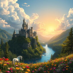 A stunning fantasy landscape featuring a majestic castle perched on a cliff, surrounded by lush green forests and a sparkling blue river below