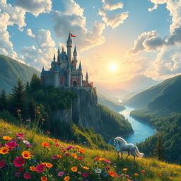 A stunning fantasy landscape featuring a majestic castle perched on a cliff, surrounded by lush green forests and a sparkling blue river below