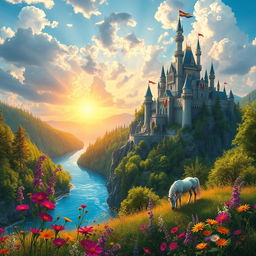 A stunning fantasy landscape featuring a majestic castle perched on a cliff, surrounded by lush green forests and a sparkling blue river below