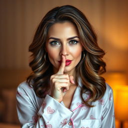 A stunning 45-year-old woman wearing a chic pajama set, positioned front-facing and looking directly at the camera