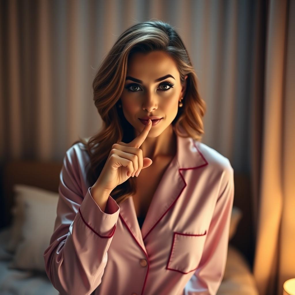 A stunning 45-year-old woman wearing a chic pajama set, positioned front-facing and looking directly at the camera