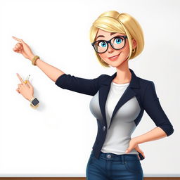 A Disney Pixar-style illustration of a pretty female teacher character, age 50, with a youthful appearance