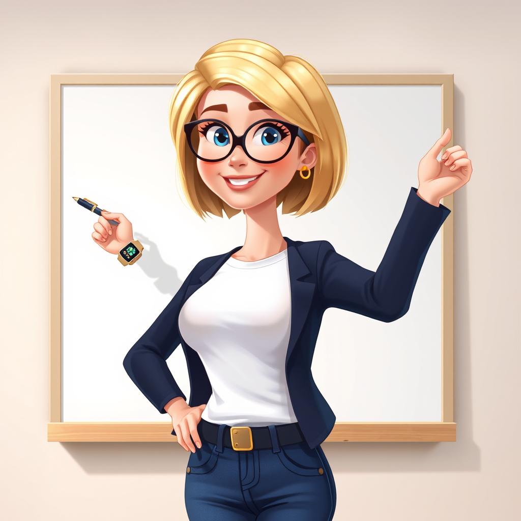 A Disney Pixar-style illustration of a pretty female teacher character, age 50, with a youthful appearance