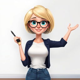 A Disney Pixar-style illustration of a pretty female teacher character, age 50, with a youthful appearance