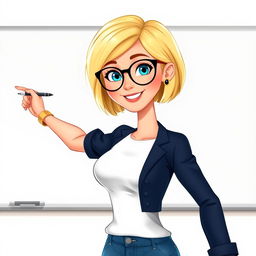A Disney Pixar-style illustration of a pretty female teacher character, age 50, with a youthful appearance