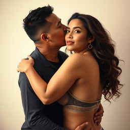 A 39-year-old Indonesian man with pure white skin warmly embraces a stunning 28-year-old woman from behind, kissing her cheek affectionately