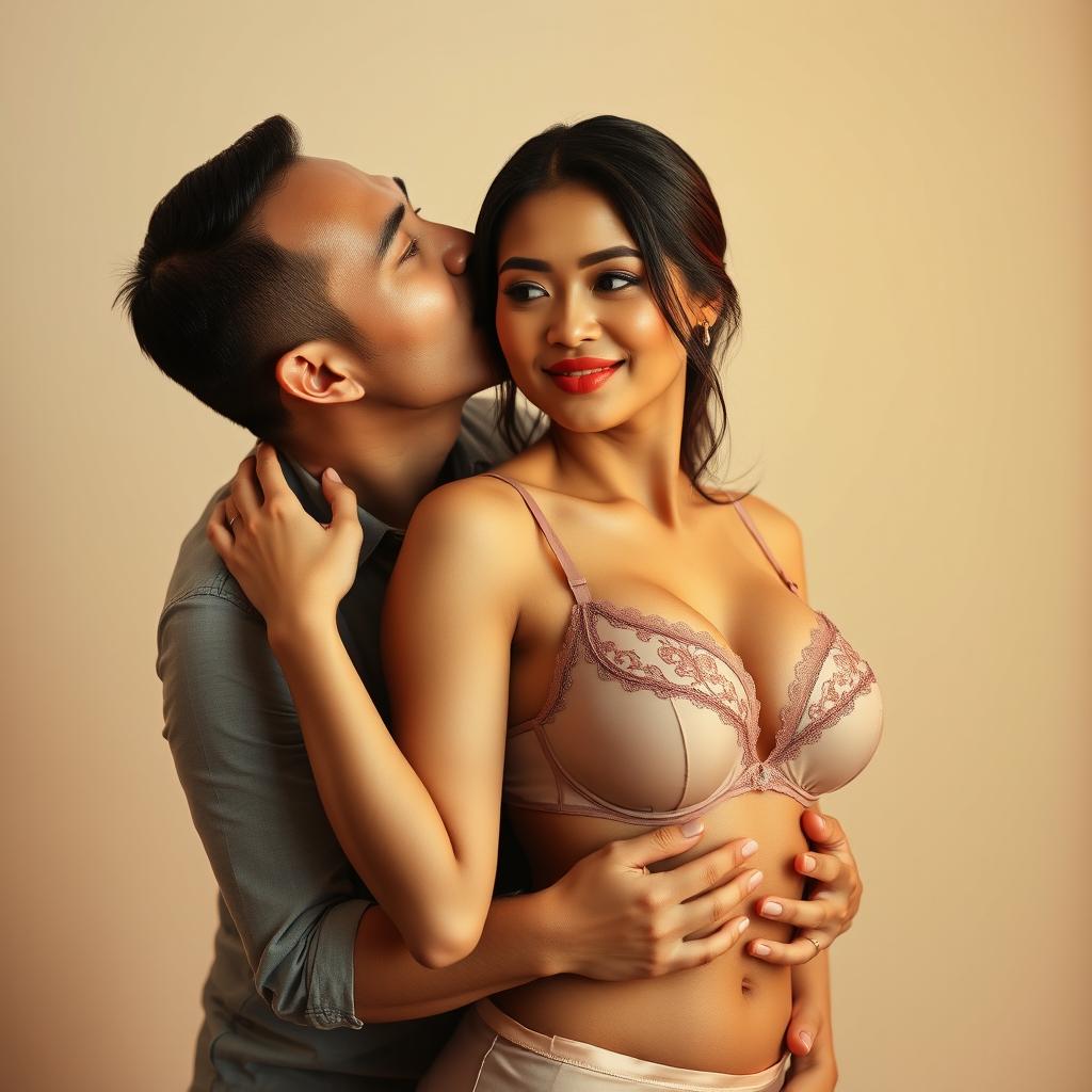 A 39-year-old Indonesian man with pure white skin warmly embraces a stunning 28-year-old woman from behind, kissing her cheek affectionately