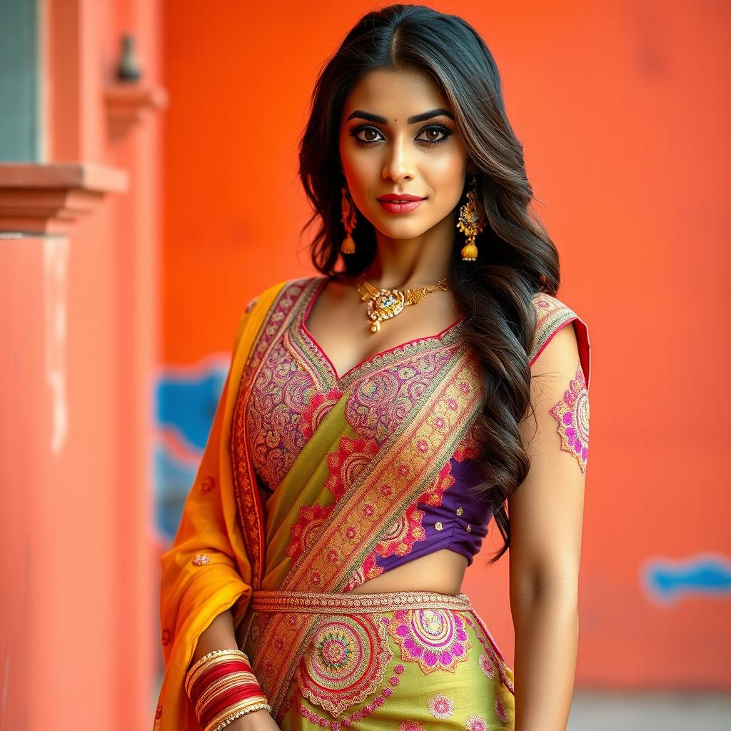 A hot and attractive woman wearing a beautifully adorned Indian suit, showcasing rich colors and intricate embroidery