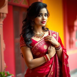 A hot and attractive woman wearing a beautifully adorned Indian suit, showcasing rich colors and intricate embroidery