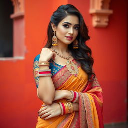 A hot and attractive woman wearing a beautifully adorned Indian suit, showcasing rich colors and intricate embroidery
