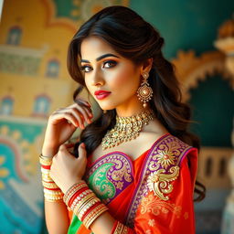 A hot and attractive woman wearing a beautifully adorned Indian suit, showcasing rich colors and intricate embroidery