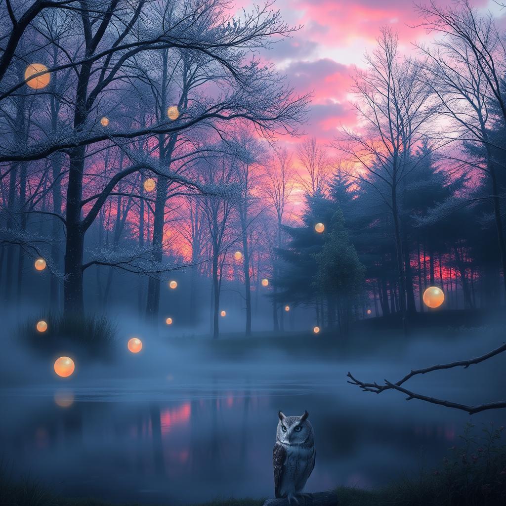 A mesmerizing, ethereal forest during twilight, where the trees are adorned with sparkling silver leaves, and glowing orbs float gently in the air, illuminating the surroundings with soft, colorful lights