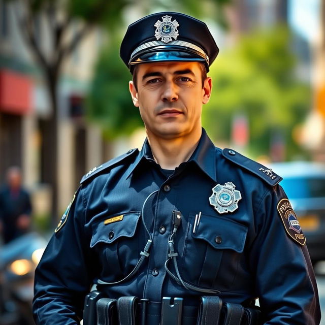 A police officer standing confidently in a modern police uniform, showcasing a sense of authority and professionalism