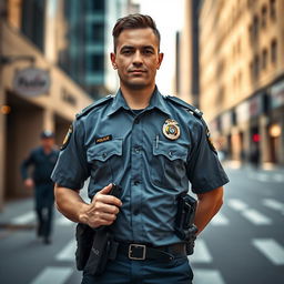 A police officer standing confidently in a modern police uniform, showcasing a sense of authority and professionalism