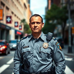 A police officer standing confidently in a modern police uniform, showcasing a sense of authority and professionalism