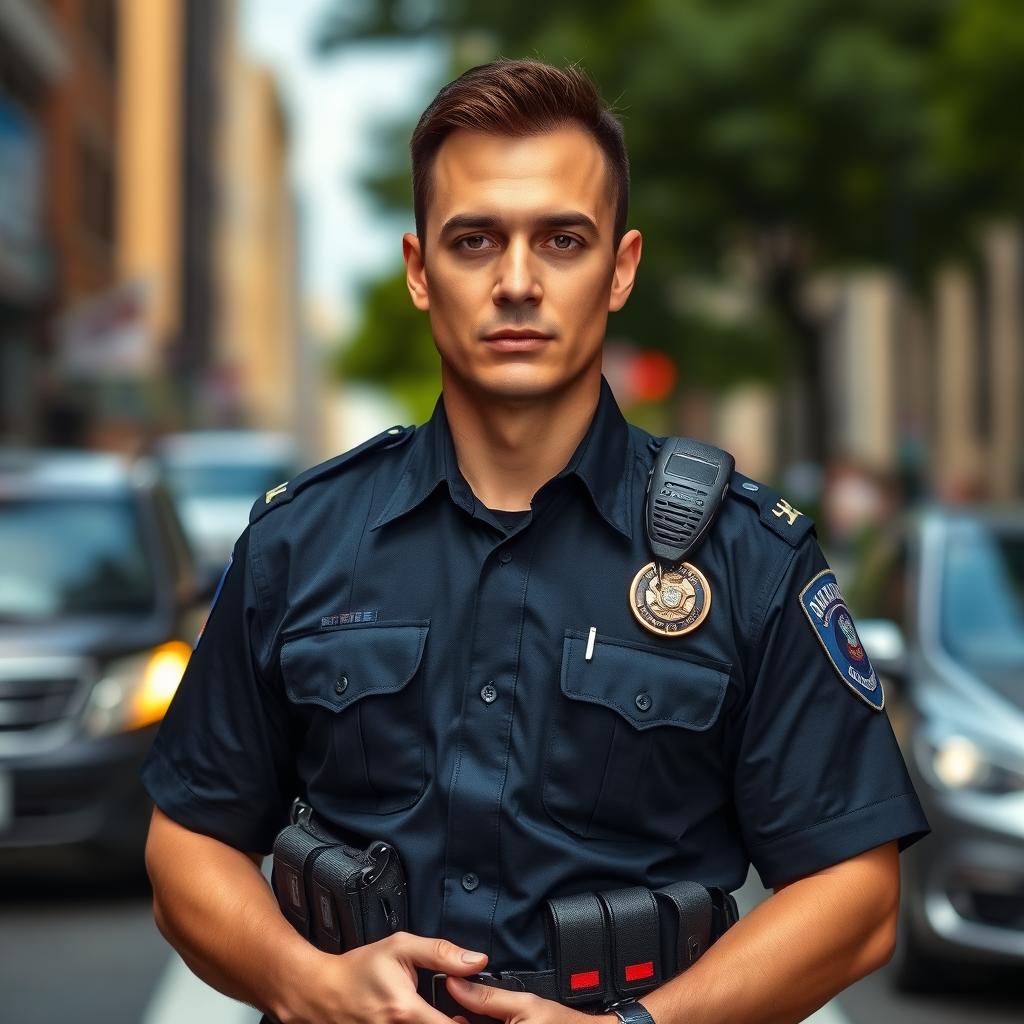 A police officer standing confidently in a modern police uniform, showcasing a sense of authority and professionalism