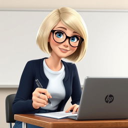 A Disney Pixar-style animated character of a pretty 55-year-old female teacher with a bob haircut, blue eyes, and fair hair featuring blonde highlights