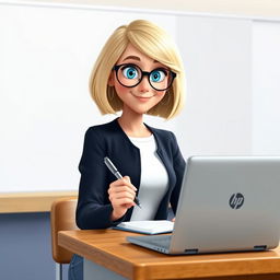 A Disney Pixar-style animated character of a pretty 55-year-old female teacher with a bob haircut, blue eyes, and fair hair featuring blonde highlights