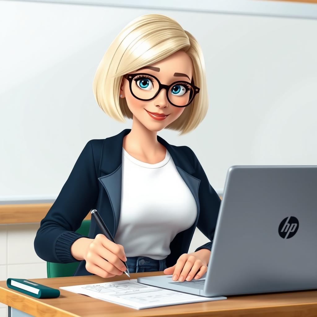 A Disney Pixar-style animated character of a pretty 55-year-old female teacher with a bob haircut, blue eyes, and fair hair featuring blonde highlights