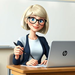 A Disney Pixar-style animated character of a pretty 55-year-old female teacher with a bob haircut, blue eyes, and fair hair featuring blonde highlights