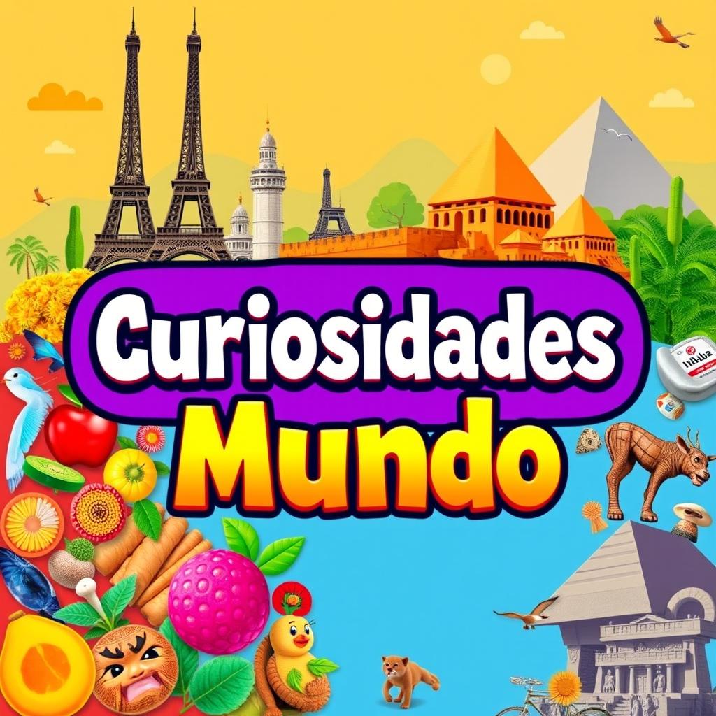 A vibrant and engaging YouTube channel banner for 'Curiosidades Mundo', showcasing a collage of fascinating world curiosities
