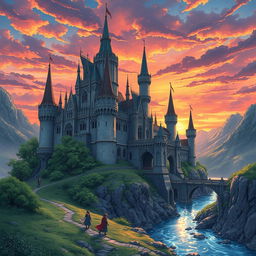 A stunning, magical medieval castle set against a dramatic landscape
