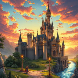 A stunning, magical medieval castle set against a dramatic landscape
