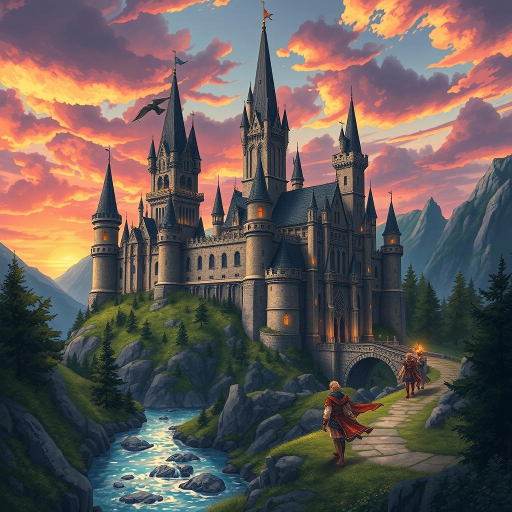 A stunning, magical medieval castle set against a dramatic landscape