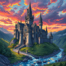 A stunning, magical medieval castle set against a dramatic landscape