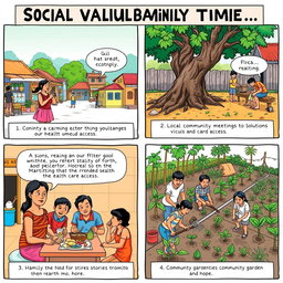 A four-panel comic strip illustrating social vulnerability in a local community in the Philippines