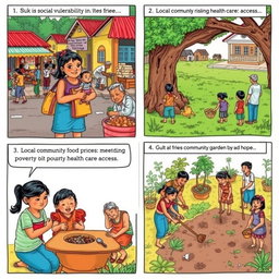 A four-panel comic strip illustrating social vulnerability in a local community in the Philippines