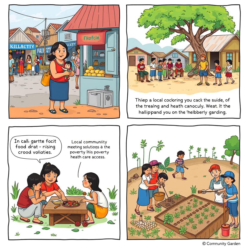 A four-panel comic strip illustrating social vulnerability in a local community in the Philippines