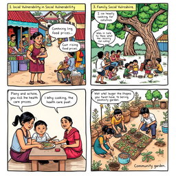 A four-panel comic strip illustrating social vulnerability in a local community in the Philippines