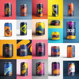 Create a moodboard for a new energy drink company 'BDE', featuring vibrant colors, dynamic shapes, lightning symbols, and high-energy visuals to embody the dynamic spirit of the brand.