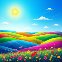 A vibrant and colorful abstract landscape featuring rolling hills in radiant shades of green, blue, and purple, with a bright sun radiating warm yellow and orange hues