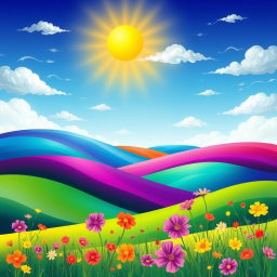 A vibrant and colorful abstract landscape featuring rolling hills in radiant shades of green, blue, and purple, with a bright sun radiating warm yellow and orange hues