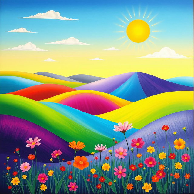 A vibrant and colorful abstract landscape featuring rolling hills in radiant shades of green, blue, and purple, with a bright sun radiating warm yellow and orange hues