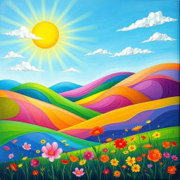 A vibrant and colorful abstract landscape featuring rolling hills in radiant shades of green, blue, and purple, with a bright sun radiating warm yellow and orange hues