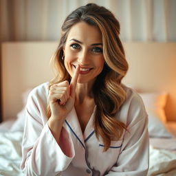 A beautiful 45-year-old woman dressed in pajamas, facing directly towards the camera