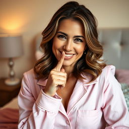 A beautiful 45-year-old woman dressed in pajamas, facing directly towards the camera