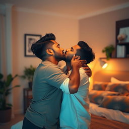 A cozy, intimate bedroom scene featuring two Indian men sharing a tender kiss