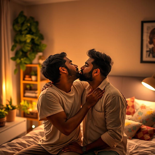 A cozy, intimate bedroom scene featuring two Indian men sharing a tender kiss
