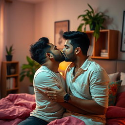 A cozy, intimate bedroom scene featuring two Indian men sharing a tender kiss