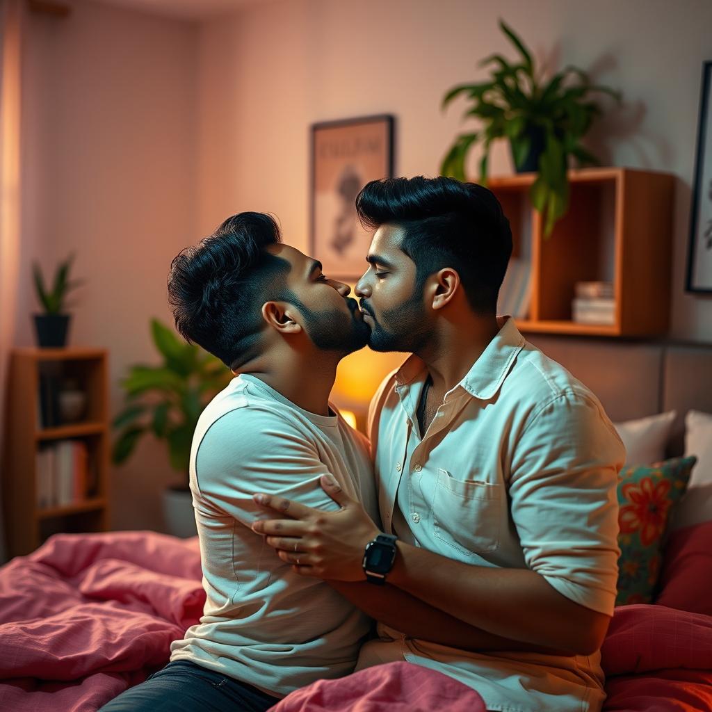 A cozy, intimate bedroom scene featuring two Indian men sharing a tender kiss