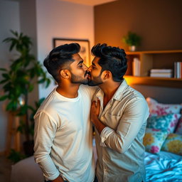 A cozy, intimate bedroom scene featuring two Indian men sharing a tender kiss