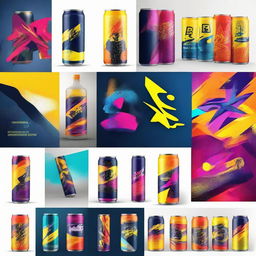 Create a moodboard for a new energy drink company 'BDE', featuring vibrant colors, dynamic shapes, lightning symbols, and high-energy visuals to embody the dynamic spirit of the brand.