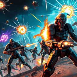 A thrilling and action-packed scene depicting an epic battle between futuristic robotic warriors and alien creatures