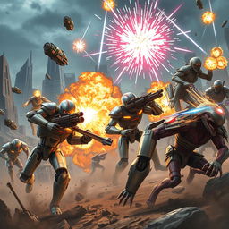 A thrilling and action-packed scene depicting an epic battle between futuristic robotic warriors and alien creatures