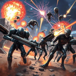 A thrilling and action-packed scene depicting an epic battle between futuristic robotic warriors and alien creatures